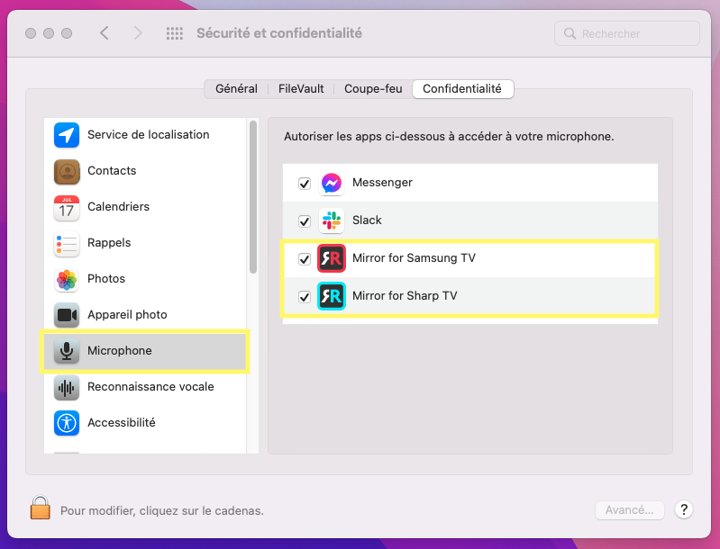 instructions sur la façon de donner accès au microphone sur le panneau de permissions du macbook