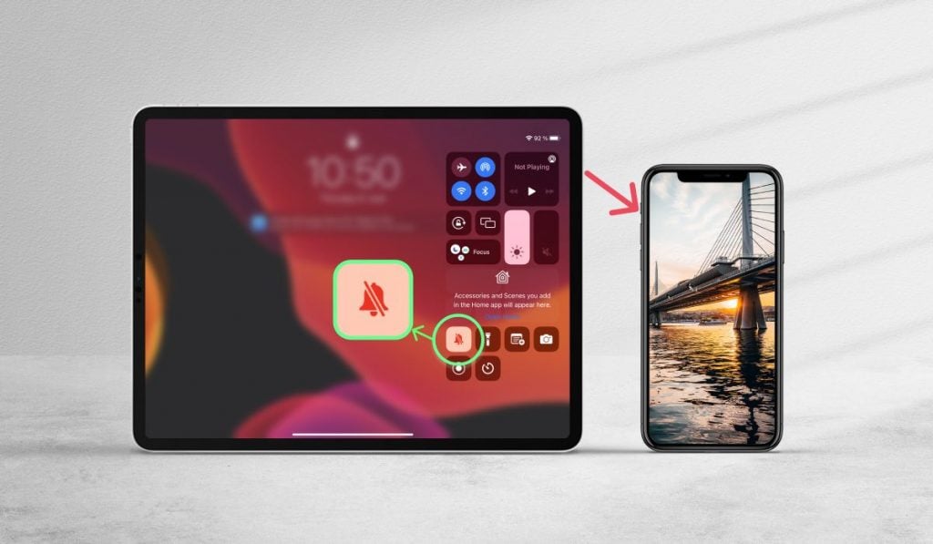 iPhone next to an iPad with silent mode mechanics highlighted and both devices are standing against white background