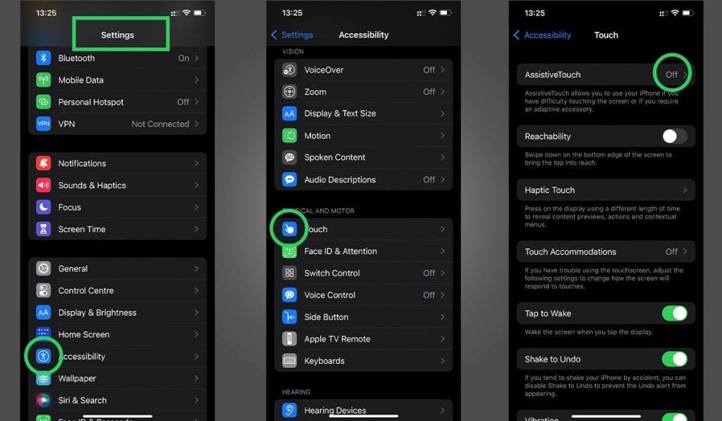 Three screenshots from iPhone Settings app explaining how to turn on Assistive Touch