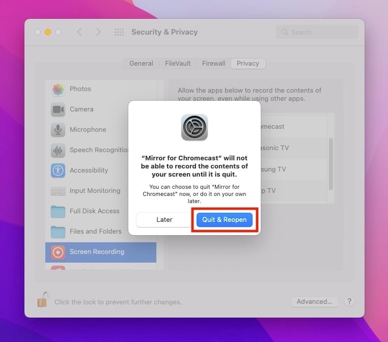 Captura de pantalla de un mensaje emergente sobre la necesidad de reiniciar Mirror for Chromecast
