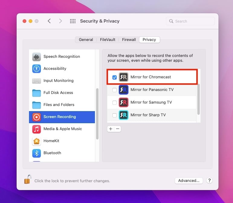 Capture d'écran de l'onglet Confidentialité avec l'enregistrement d'écran et le miroir pour Chromecast mis en évidence