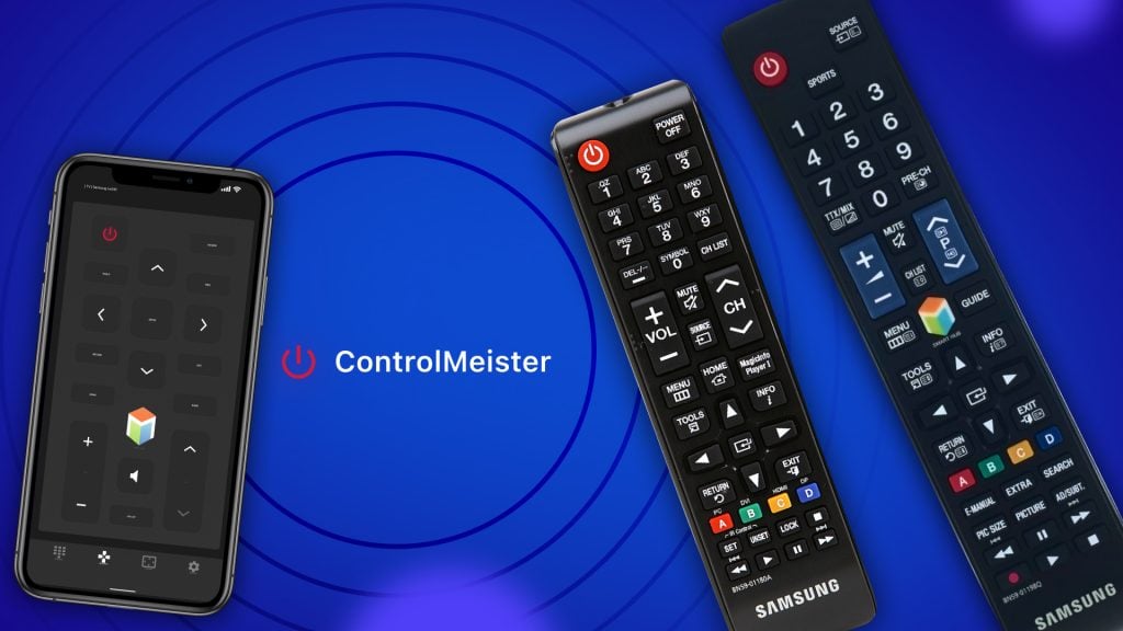 Two Samsung TV remotes on the right side of the image. To the left, there is an iPhone with the main controlmeister interface. In the middle, there is the name 'ControlMeister'. The background is blue with futuristic patterns