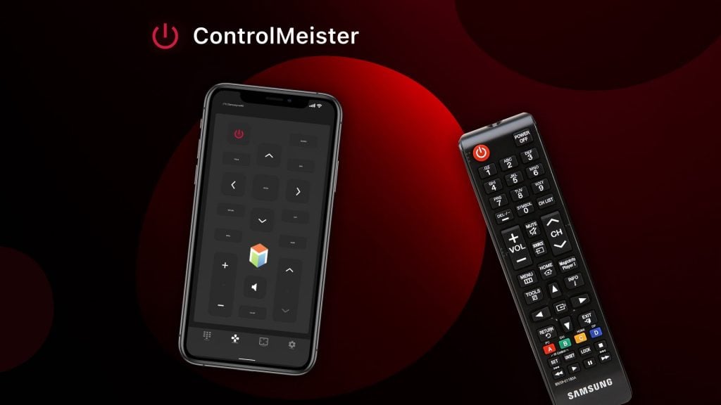 A Samsung TV remote on the right side of the image. To the left, there is an iPhone with the main controlmeister interface. The background is red and black with a large shaded circle in the center