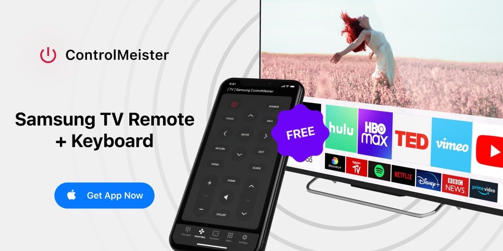 a banner showing an iPhone with ControlMeister interface on the screen. It's pointed at a Samsung Smart TV with app menu on the screen. The slogan on the left is saying "Samsung TV Remote + Keyboard".