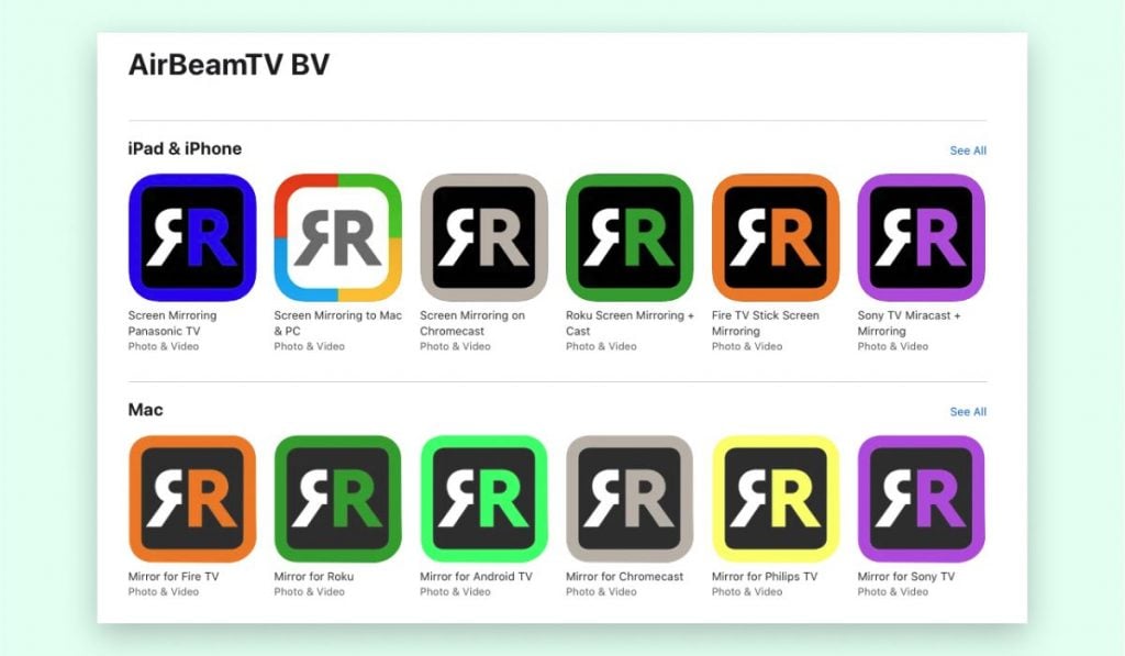 Twelve AirBeamTV apps in the App Store with their logos