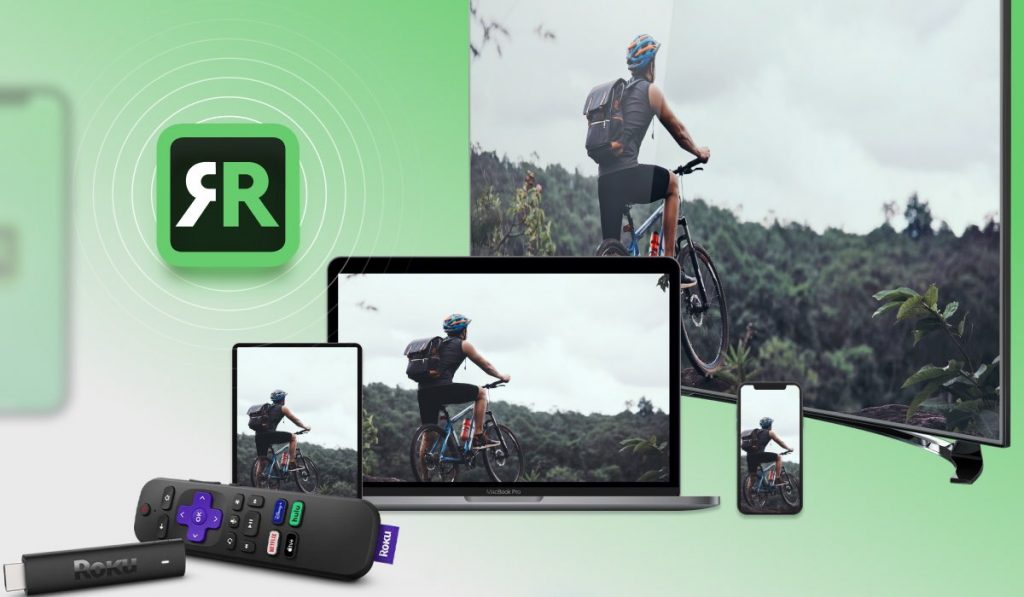 stick Roku e telecomando Roku con iPhone, iPad, MacBook e Smart TV che mostrano l'immagine di un uomo in bicicletta