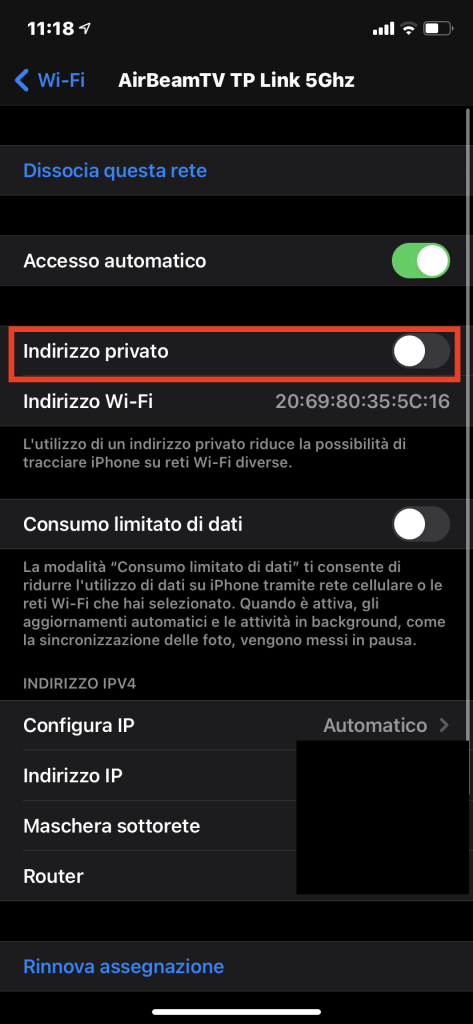 impostazioni corrette per Screen Mirroring con la nostra app iOS