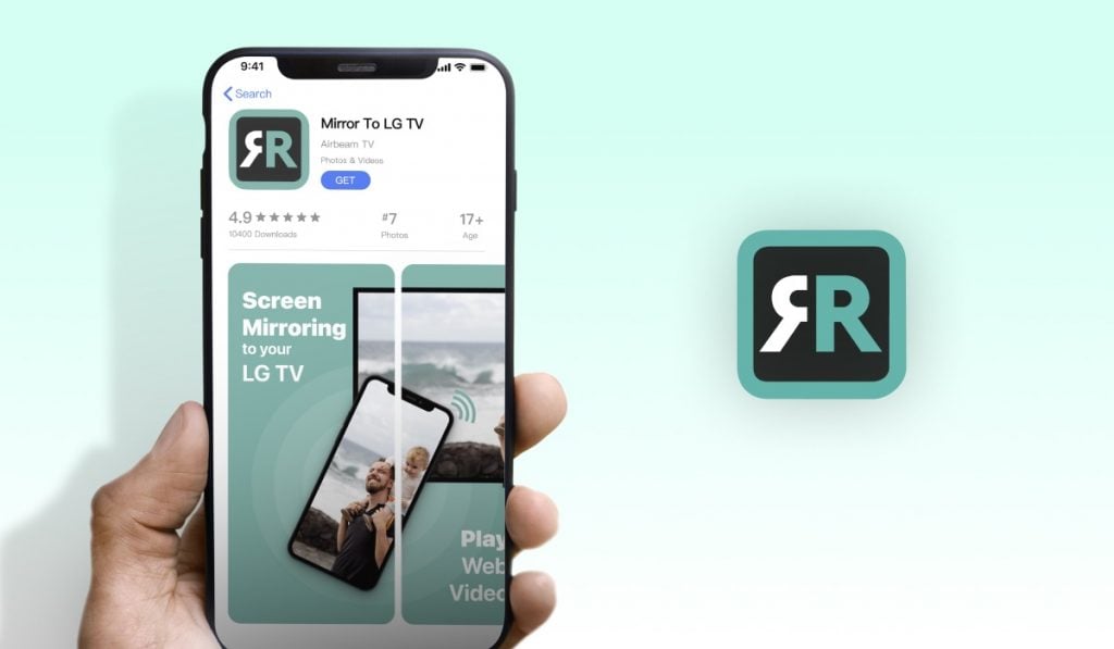 a person holding an iPhone with the Mirror for LG TV App Store page. To the right, there is the AirBeamTv logo
