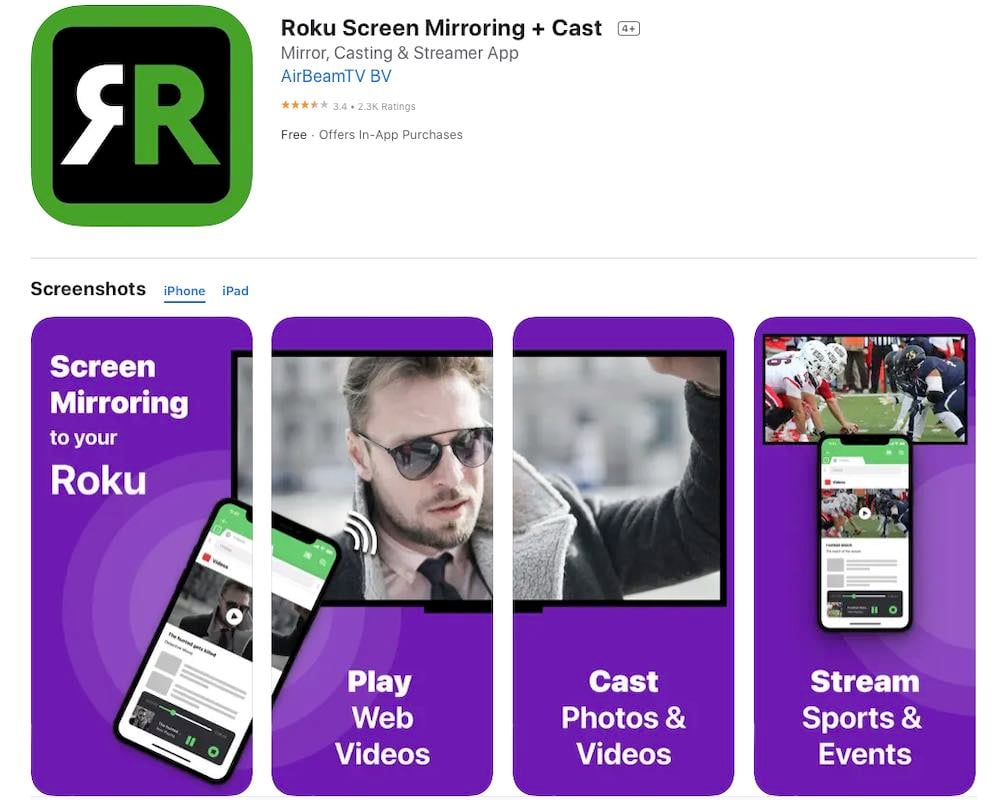 A screenshot from the AirBeamTV App Store page for the Mirror For Roku app. The screenshot shows the app logo, rating, name, and four promotional images explaining the features of the app