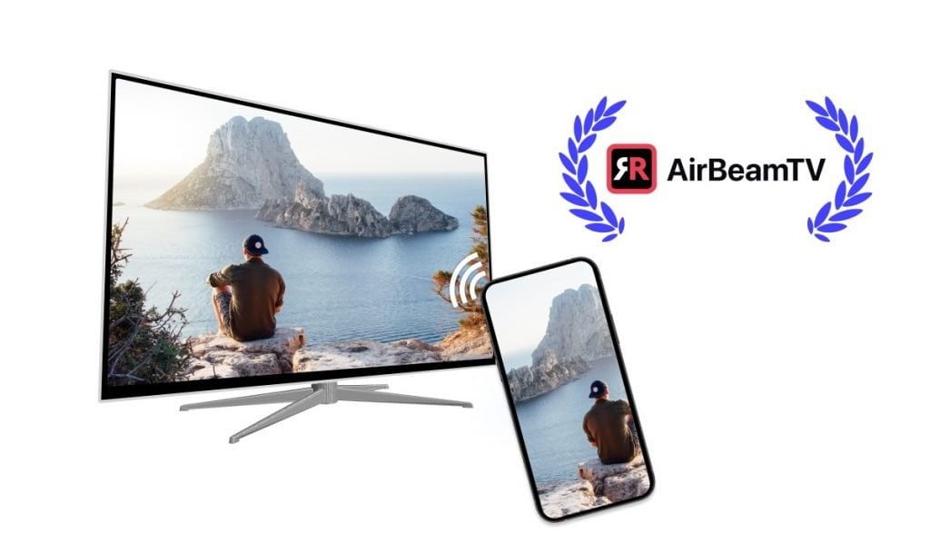 AirBeamTV banner with a smartphone and a Smart TV displaying the same image of a person sitting on the ground, overlooking the sea. There is an AirBeamTV logo in the top-right corner