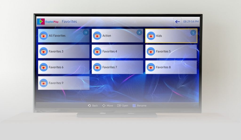 A Smart TV standing on a TV stand. The TV screen shows the DuplexPlay app interface