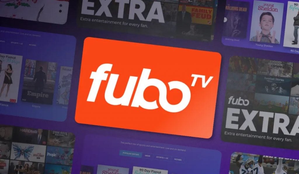 A FuboTv logo on orance background around other Tv channel icons. The FuboTV logo is highlighted