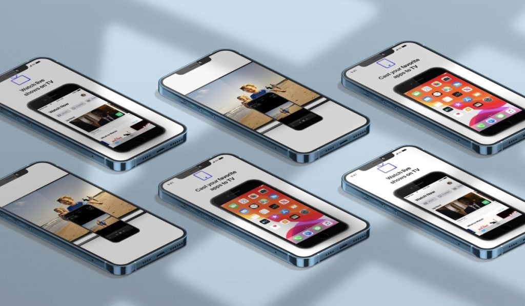 six iphones on a patterned surface. Each shows a different screen explaining the mechanics of the PhotoMeister app