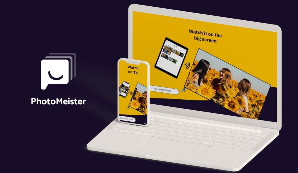 PhotoMeister promotional banner showing a laptop and a smartphone displaying the same image and a photomeister logo on the left side