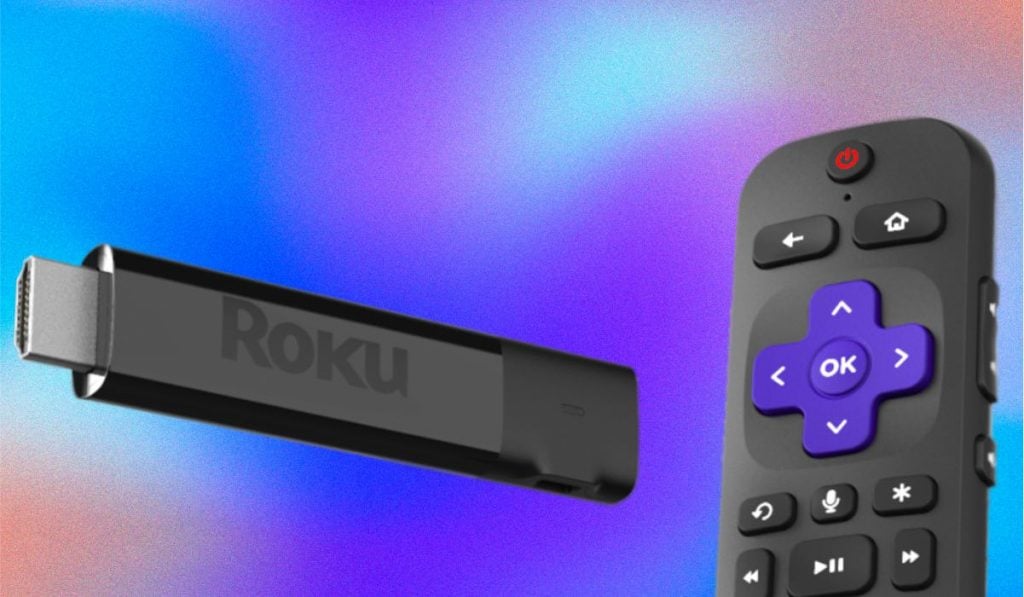 A Roku stick and the top half of the Roku remote against a blurred violet-grey background