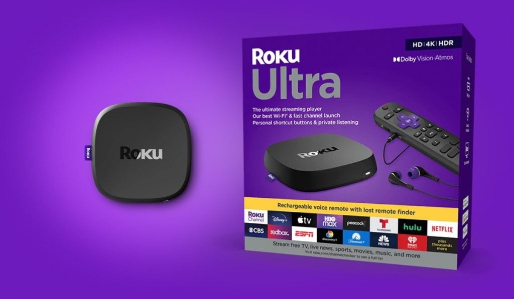 A Roku Ultra device on the left side of the image and a Roku Ultra box on the right side of the image. The background is purple