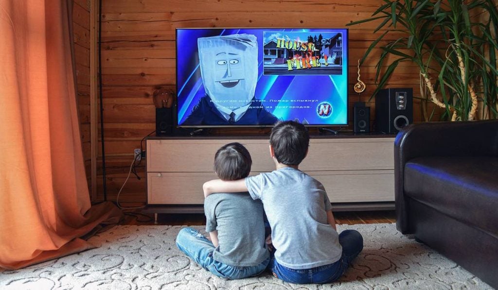 Two kids sitting on the carpet. The older one embraces the younger. There is a black couch to their right. The kids watch a cartoon on TV. The TV stands on a TV stand and has a set of speakers around it. There is a plant in the corner of the room
