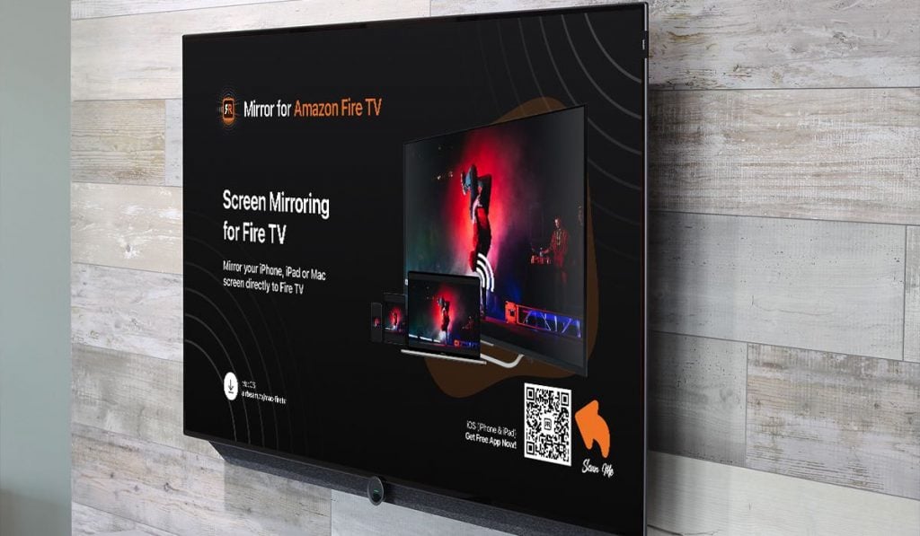 Een Smart TV die aan een muur hangt en onder een hoek wordt gezien. Op het Smart TV-scherm wordt een advertentie weergegeven voor de AirBeamTV Mirror for Fire TV-app