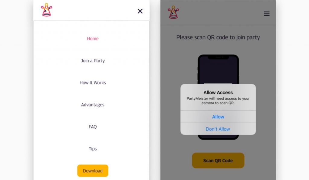 screenshot van de partymeister-app die laat zien hoe je partymeister toegang geeft tot foto's