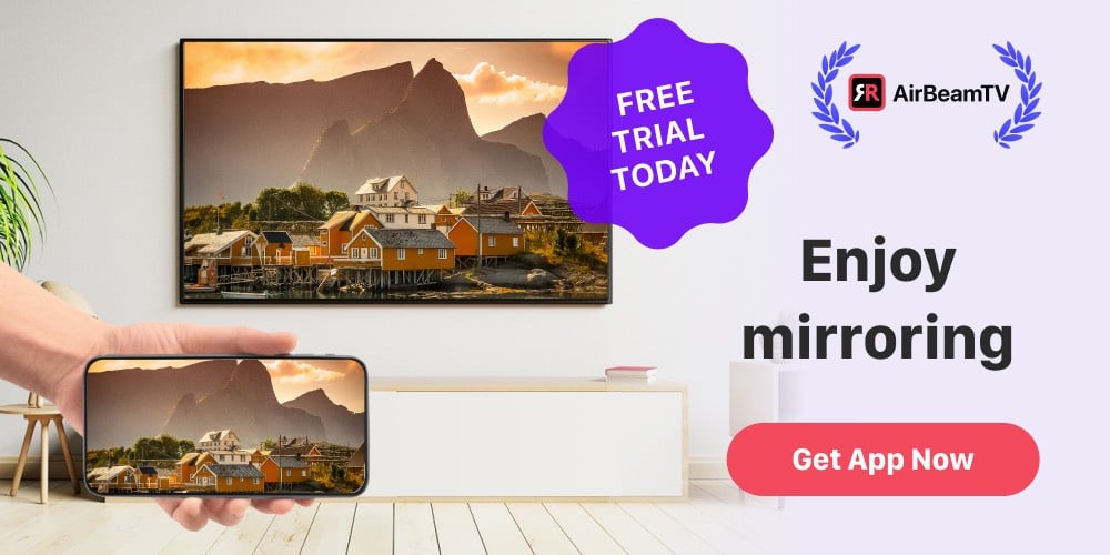 AirBeamTV to Android to Samsung Tv casting app promotional banner showing a person holding a smartphone and mirroring an image of a sunrise in the mountains to a TV that is hanging on a wall