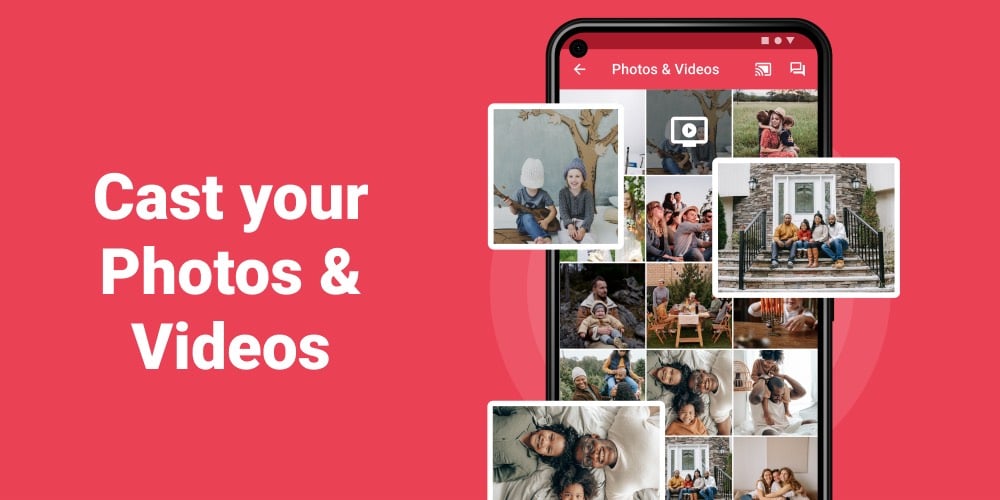 a red banner with text on the left that says 'Cast your Photos & Videos' and a samsung smartphone with the photos app open and three images highlighted