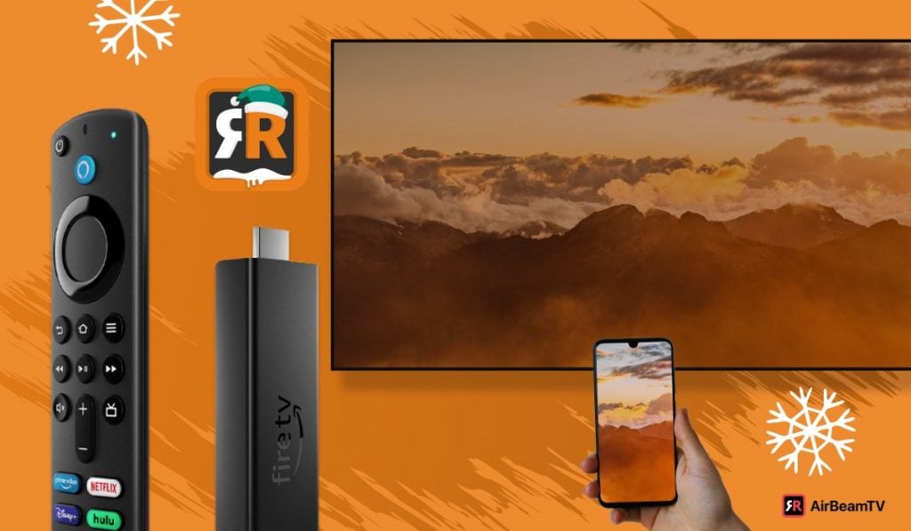 Fire Tv remote and Fire TV Stick. A hand holding a smartphone, mirroring an image of a sunset in mountain landscape to a Smart TV
