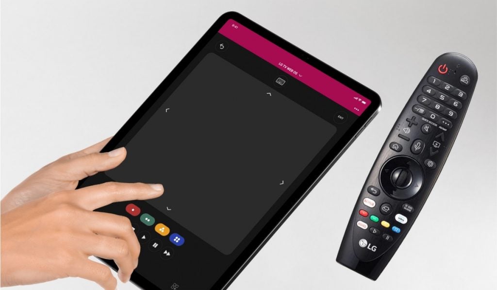 a hand using the LG TV remote app on an iPad, and an LG TV Magic Remote