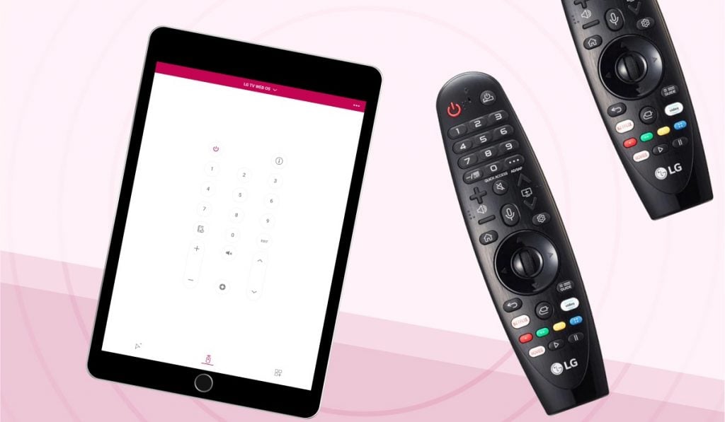 Zwei LG TV Magic Remotes und ein iPad mit der MeisterApps LG TV Remote App auf dem Bildschirm.