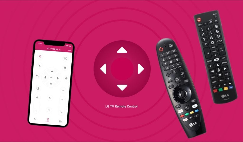 An LG TV remote control, an LG Magic Remote, navigation key symbol and an iPhone with the LG TV remote app interface on the screen