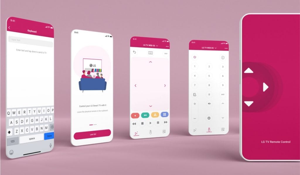Vijf screenshots van verschillende schermen van de MeisterApps LG TV remote app op een rij. Elk screenshot toont een andere functionaliteit van de LG remote app.