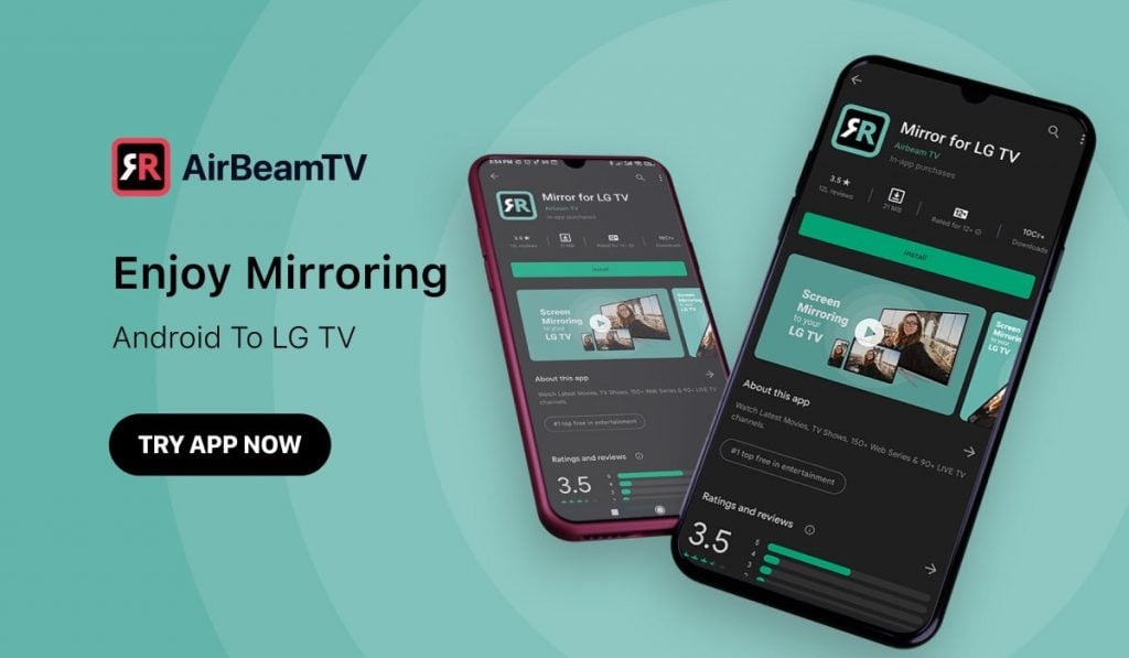 a banner showing two android smartphones, both with the Mirror For LG TV app Play Store page on their screens. the slogan on the left says: "Enjoy Mirroring Android to LG TV"