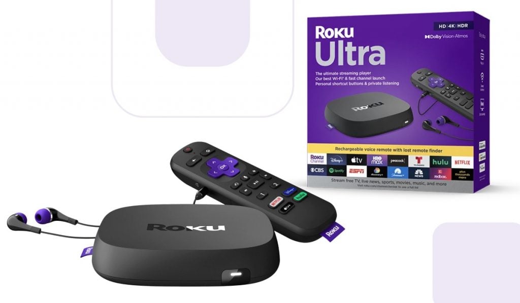 Roku Ultra, a pair of earphones, Roku Voice remote and a Roku Ultra box on white background