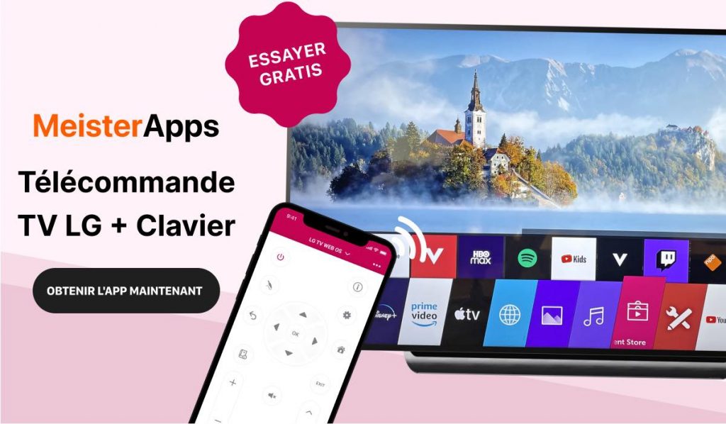 Une bannière montrant un iPhone avec l'application MeisterApps LG TV remote. L'iPhone pointe vers une télévision LG tV WebOS avec le menu de choix de l'application à l'écran. Le slogan sur la gauche dit : "LG Tv Keyboard + Keyboard". Le logo de MeisterApps se trouve au-dessus du slogan.