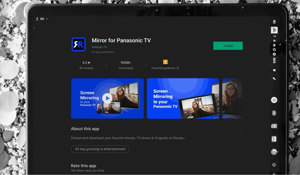 The Mirror for Panasonic TV app page on Google Play store, displayed on a tablet.