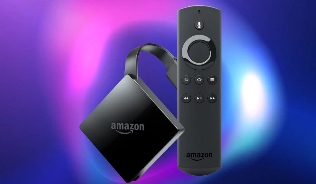 Fire TV device and a remote on blue gradient background