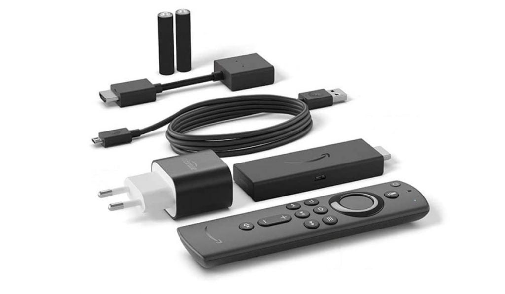 Firestick device with power cable, plug and remote control.