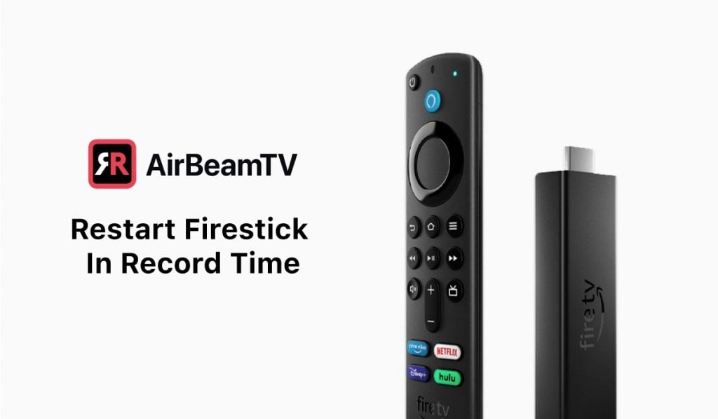 A featured image containing an image of a Fire TV stick and remote. The header on the left says "Restart Firestick in Record Time" and there's an AirBeamTV logo above it.