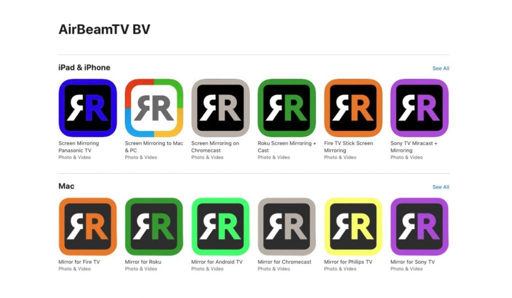 A screenshot of the AirBeamTV Mac App Store showing all of the AirBeamTV screen mirroring app icons.