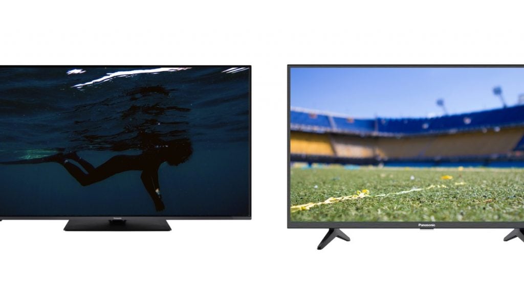 Two Panasonic TVs sie by side against a white background. One on the right displays football match. One on the left has an image of a person swimming.