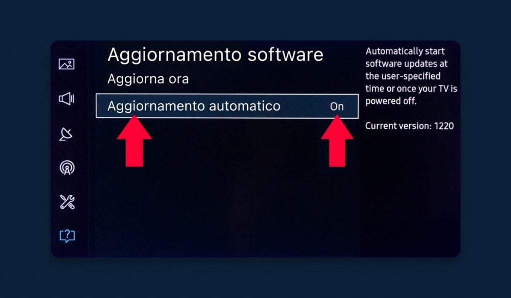 Istruzioni su come impostare gli aggiornamenti automatici su Samsung Smart TV