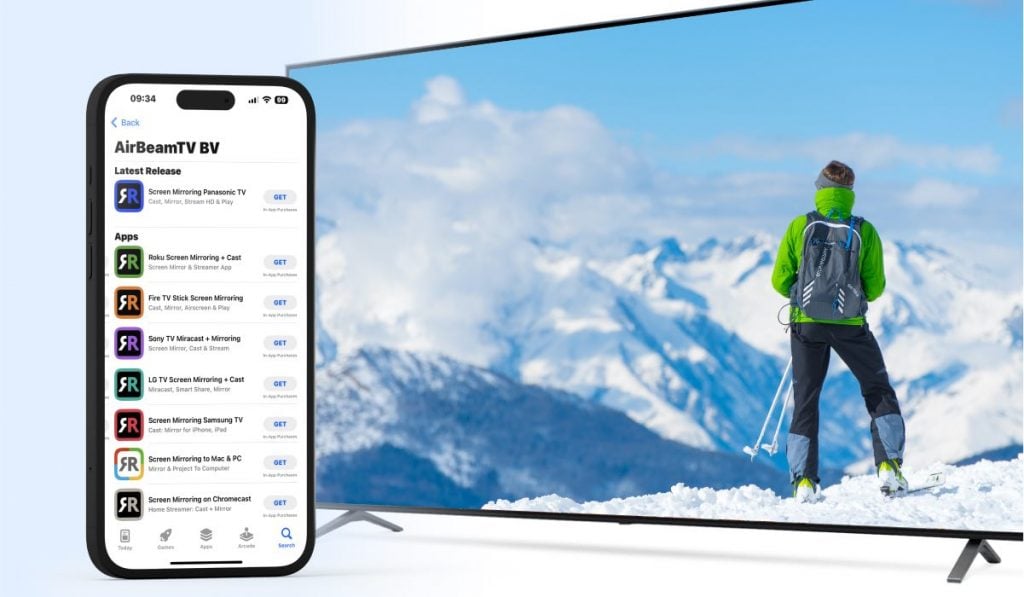 AirBeamTV App Store page on an iPhone and a Smart Tv displaying an image of a person looking over snowy mountains
