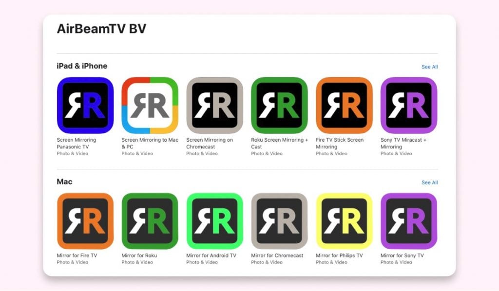 AirBeamTV Mac App Store page with app icons