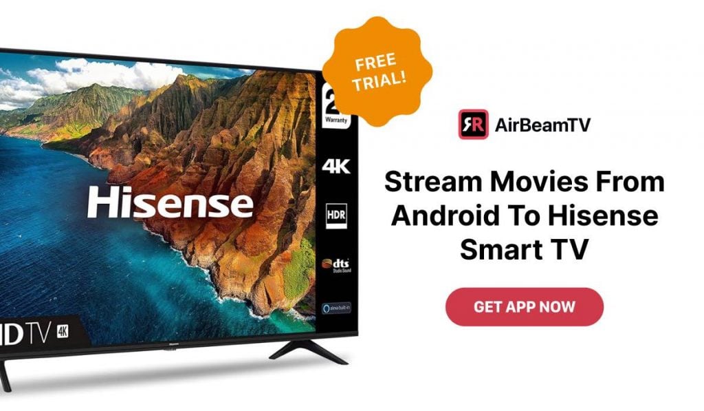 A promotional banner showing a Hisense TV displaying an image of a seaside cliff. The header on the right side of the image says: "Stream Movies From Android To Hisense Smart TV". There is an AirBeamTV logo above the header.