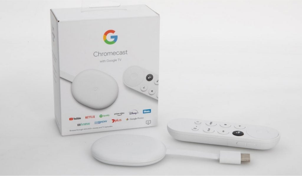 Chromecast and a Chromecast remote as well as a Chromecast With Google TV box