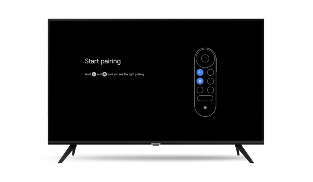 A Smart TV. The screen of the TV shows the instructions on how to pair a Chromecast remote to a Chromecast with Google TV device.