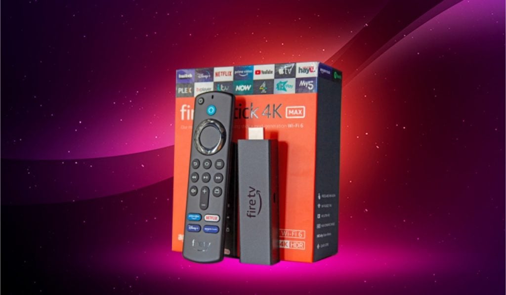 Fire TV device box including a Firestick and Firestick remote with a dark red background.