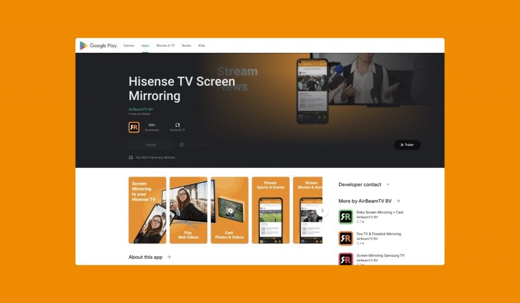 A screenshot of the Google Play Store page for Hisense TV Screen Mirroring app.