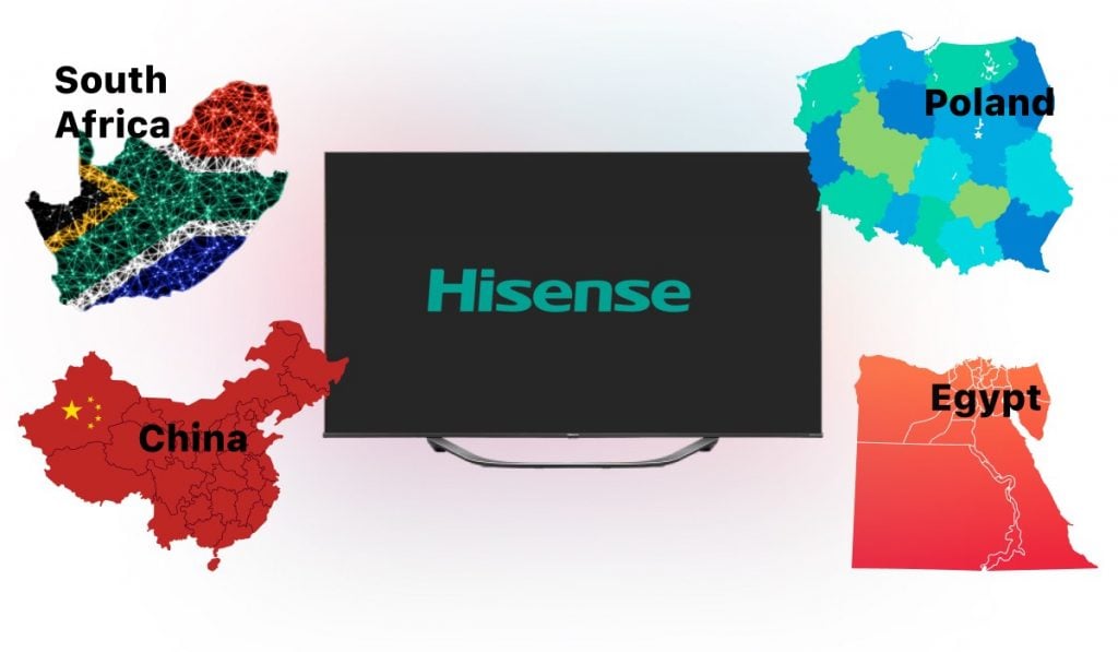 Hisense TV with producing countries around - Poland, China, South Africa, Egypt