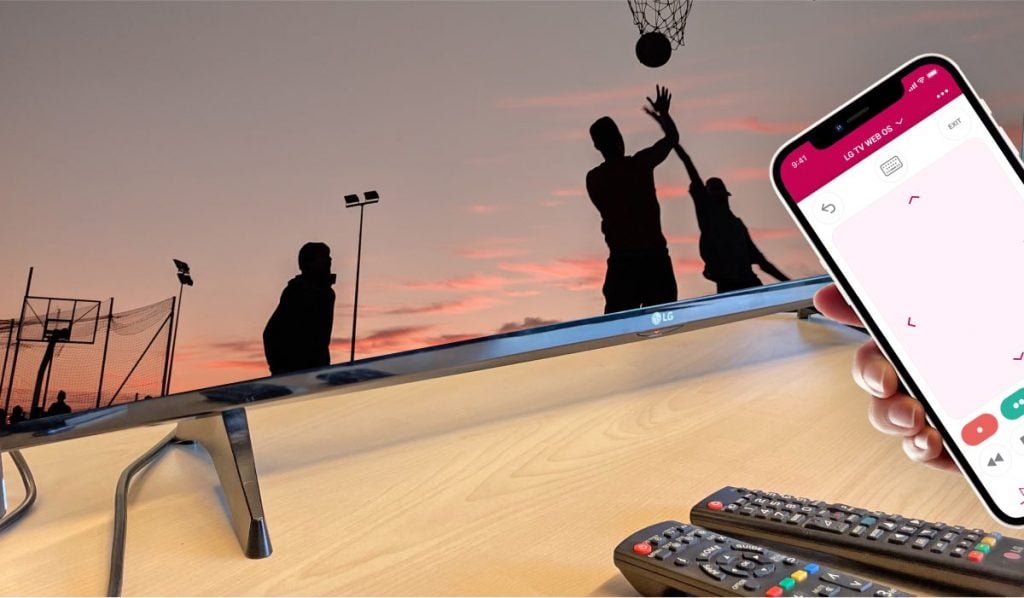 An LG TV displaying an image of people doing sports. An LG TV remote app - LG TV Remote Control Plus + on an iPhone. Two traditional LG TV remotes.