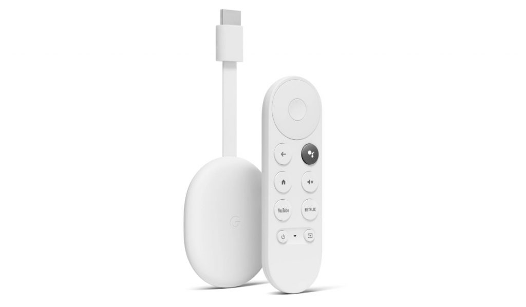 A Chromecast device and a Chromecast remote on white background
